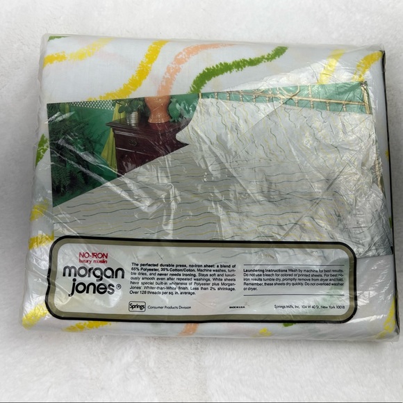 Vintage Morgan Jones Double Flat Sheet White Waves Lines Yellow Green Muslin NIP - Picture 2 of 7